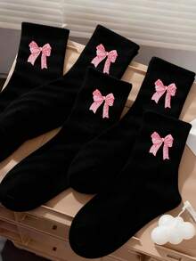 4双随机款女童船袜，爆款蝴蝶结Y2K复古豹纹袜，情人节礼物，Gen Alpha俚语粉色豹纹蝴蝶结袜，多色可爱蝴蝶结豹纹船袜，返校日常休闲袜，假日旅行必备袜 - 彩色 - 查看 3