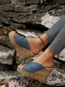 Giày sandal cao gót mùa hè mới dành cho nữ, đế platform với khóa cài trang trí, gót giày họa tiết vỏ cây, sandal nữ đa năng nhẹ nhàng. - Màu xanh lam - Xem 5