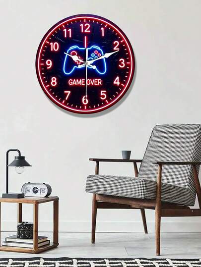 1 chiếc đồng hồ treo tường bằng gỗ hình tay cầm chơi game neon - Máy thạch anh hoạt động êm ái không gây tiếng tích tắc, trang trí theo phong cách game hiện đại với dòng chữ "Game Over", đèn neon đỏ - Thích hợp cho nhà, văn phòng, làm quà tặng sinh nhật/Giáng sinh - Dễ dàng treo, trang trí văn phòng, thiết kế retro, trang trí nhà cửa
