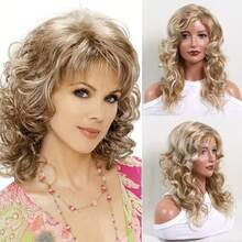 Parrucca riccioluta di media lunghezza, 20 pollici, con una miscela di colori dorati e marroni, realizzata in fibre sintetiche resistenti alle alte temperature, adatta per l'uso quotidiano e per le feste delle donne. - Dorato - Visualizzare 1