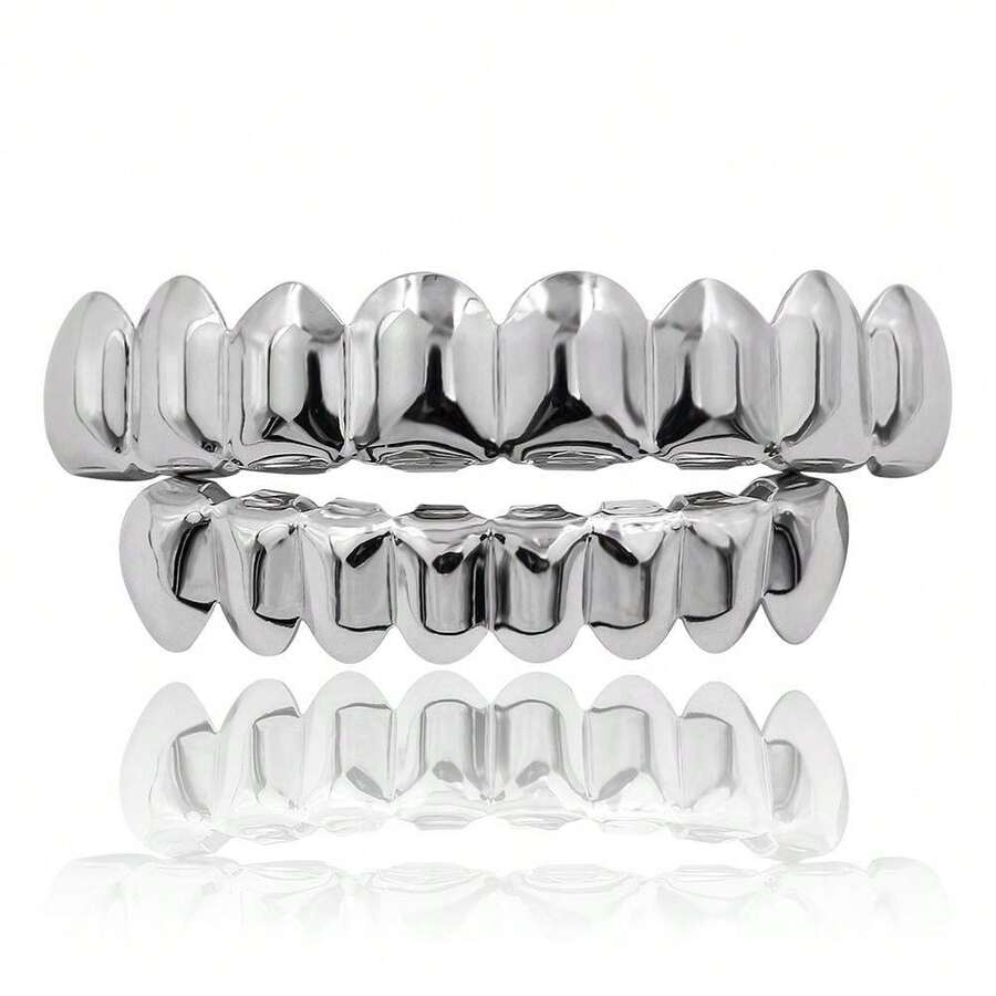 1 Piece Metallic Silver & Black Full Mouth Grille, 8-Tooth Upper & Lower Shiny Hip Hop Jewelry For A Bold & Statement, Ideal For Parties, Work Events, Travel And Making A Stylish Impact - 銀色套裝 - 查看 1