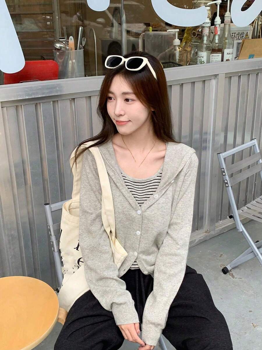 女士条纹连帽两用长袖针织衫，休闲百搭，春秋季