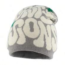 Fashionable Streetwear Hip Hop Cap, Knitted, Autumn/Winter, Women's, Letter Embroidery Design, Skullies Beanies - White and Gray - View 3