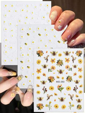 3 ark Daisy Bee nagelkonstklistermärken vita gula blommor 5D nageldekaler för vår sommar gör-det-själv manikyr