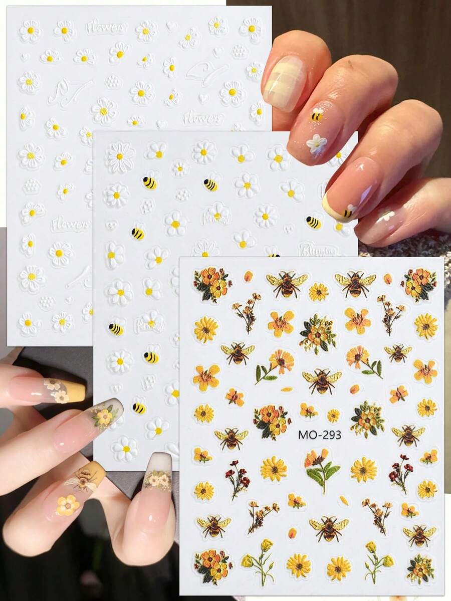 3 ark Daisy Bee nagelkonstklistermärken vita gula blommor 5D nageldekaler för vår sommar gör-det-själv manikyr