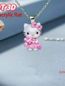 Sanrio 2D平面，三丽鸥Hello Kitty女士项链 - 可爱的Hello Kitty脸部项链，配有标志性蝴蝶结和Hello Kitty标志吊坠，亚克力材质，生日/圣诞节/情人节礼物，适合派对和休闲装扮（全年适用），2D平面 - 彩色 - 查看 4