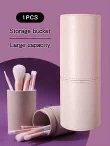 1pc Portable Makeup Brush Holder, Detachable Dual-Compartment Design, Leather Material, Easy To Clean, Makeup Organizer Tool - Apricot - View 2