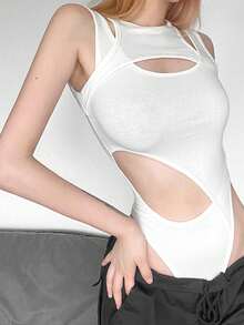 Top Dazzle Women's Sleeveless Tank Vest Bodysuit With High Cut Details And Slight Stretch Polyester Fabric Leisure Vacation Carnivals - White - View 4