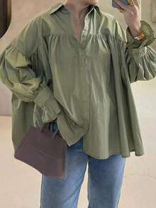 Plus Size Military Green Puff Sleeve Turndown Collar Shirt, Casual Loose Ruffled Hem Fitted Blouse For Spring & Autumn - Army Green - View 1