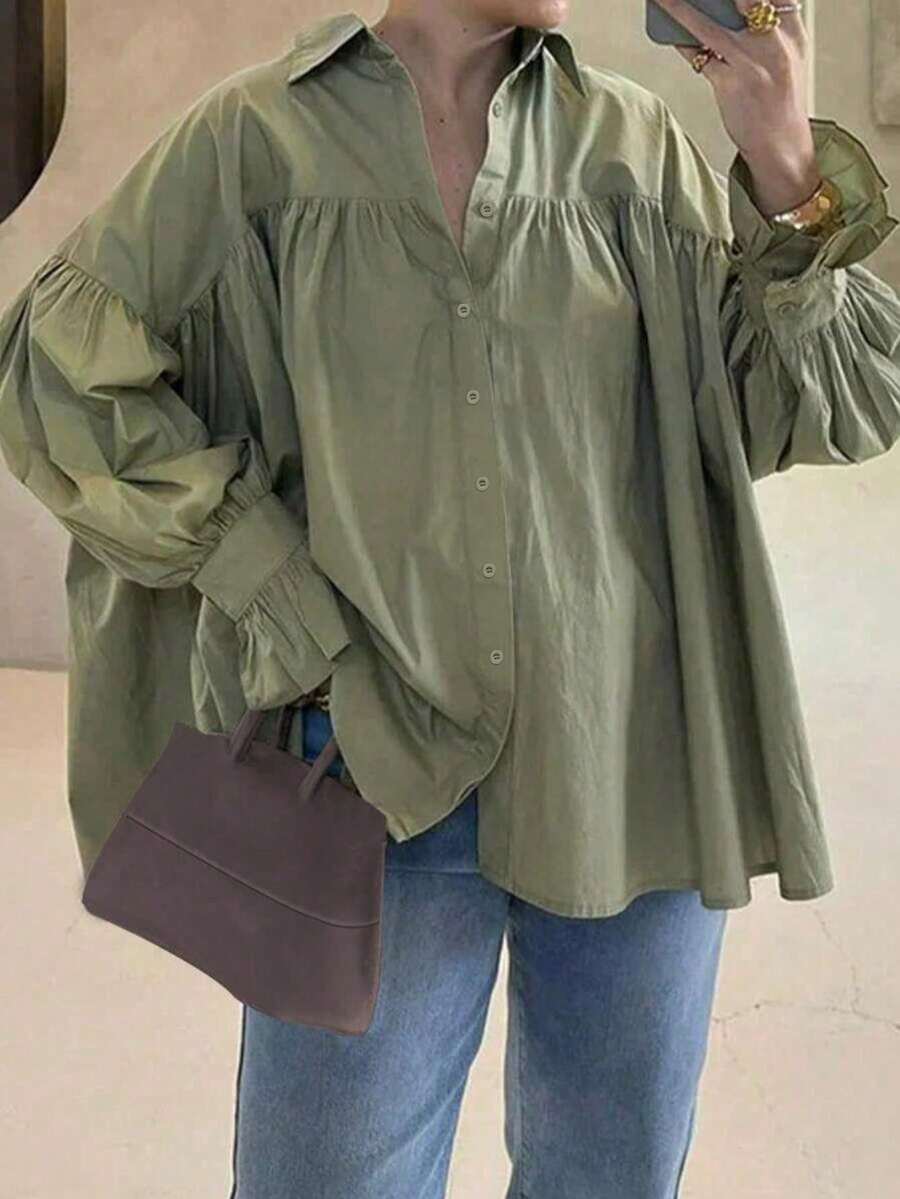 Plus Size Military Green Puff Sleeve Turndown Collar Shirt, Casual Loose Ruffled Hem Fitted Blouse For Spring & Autumn - Army Green - View 1