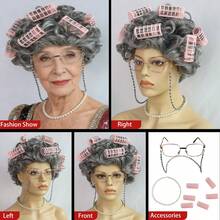 Granny Costume Set For Women Elegant Sassy Grandma Cosplay Wig, Old Lady Retro Wig, Short Pixie Curly Gray Synthetic Afro Wig & Glasses & Eyeglass Chains & Faux Pearl Necklace & Hair Rollers Available, Funny Charming Grandmother Grey Bob Wig, Christmas Decor/Holiday Events Stage Performance Props/Party Supplies, Ideal Choice For Gifts - Multicolor - View 14