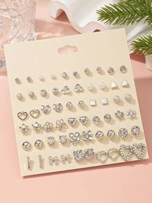 30 Pairs/Set Women Daily Simple Stud Earrings Set, Cute Flower, Heart, Bow Tie Earring Combo, Suitable For Daily Wear, Vacation, Holiday Gifts - Silver - View 2