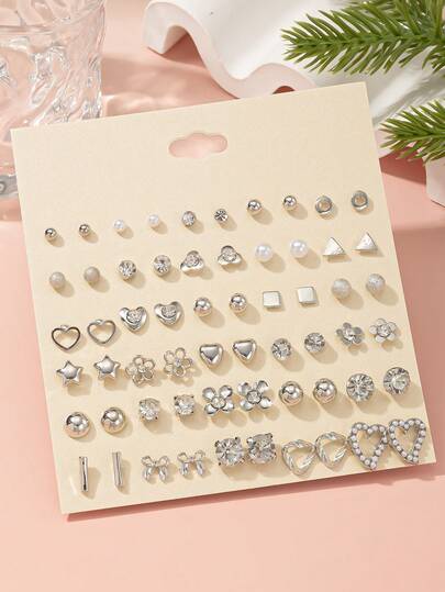 30 Pairs/Set Women Daily Simple Stud Earrings Set, Cute Flower, Heart, Bow Tie Earring Combo, Suitable For Daily Wear, Vacation, Holiday Gifts