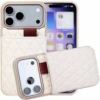 1个菱形图案香氛手机套/保护套，奢华绗缝皮革，带卡槽保护套，兼容 17、16、15、14、13、12、11系列及Galaxy系列，黑色/杏色