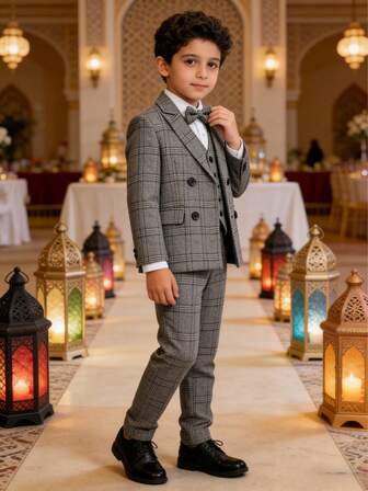 1 Set Tween Boys' Stylish Plaid Gentleman Suit: 1 Plaid Blazer Jacket + 1 Pants + 1 Bow Tie, Suitable For Wedding, Performance, Party And Other Formal Occasions