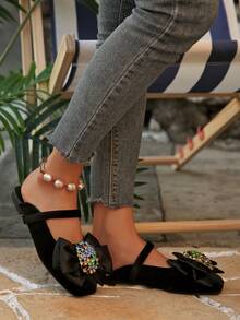 Women's Spring/Autumn New French Style Rhinestone Bow Square Toe Slip-On Mules - Black - View 15
