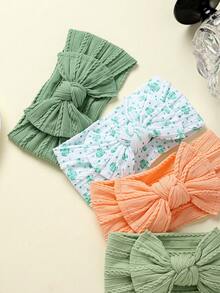 5pcs/Set Multicolor Floral Print Bow Baby Headbands, Super Cute Infant Fontanel Headwraps, Lightweight & Breathable, Suitable For All Seasons, Great For Photos And Gifts - Orange and Green - View 3
