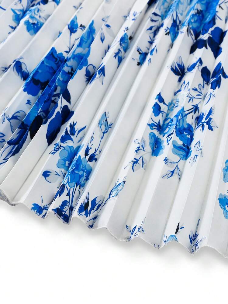 Women's Elegant Floral Print Pleated Waist Flared Dress With Chiffon Jacket Set, Suitable For Dates, Valentine's Day, Casual Vacation Summer - Blue and White - View 5