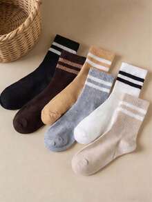 1/6 pares de meias unissex listradas de cor sólida até a metade da panturrilha, meias confortáveis, casuais, criativas e versáteis para o dia a dia, estilo universitário, perfeitas para a volta às aulas, adequadas para todas as estações. - Multicolorido - Ver 5