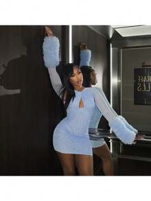 Vestidos Elegantes De Mujer Vestidos Dresses For Women Formal Dresses For Women Elegant Prom Dresses Formal Dresses For Women Formal Gowns For Women Evening Elegant New Years Outfit Women Net Fabric Cross-Hatched Open-Padded Sleeve Fitted Bust-Line Continuous Dress For Women - 藍色 - 查看 2