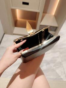 1个闪亮金属叶子扣晚宴包，几何盒形设计手拿包，适合正式派对、婚礼、浪漫新娘场合，链条肩带手提包 - 黑色 - 查看 4