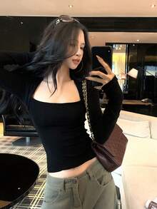 Women's Double-Layer Slim Fit Long Sleeve T-Shirt, Sexy Design, Autumn Layering Top - Black - View 4