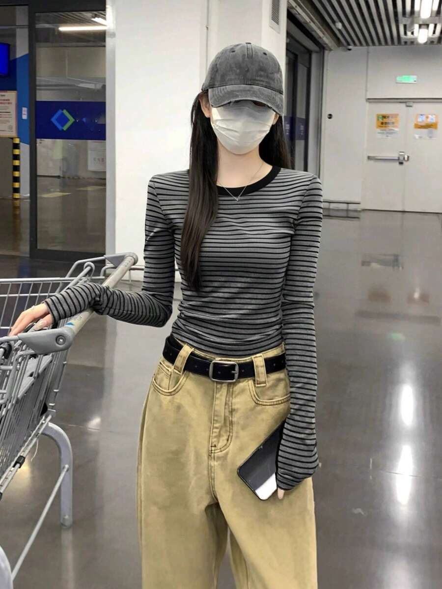 女士修身条纹优雅长袖打底衫上衣，休闲春季款 - 灰色 - 查看 1