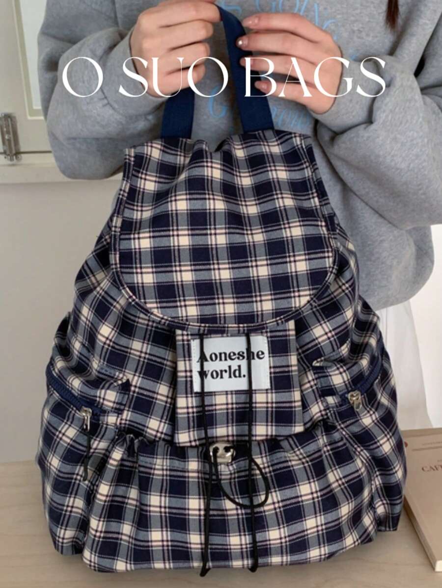 Large Capacity Fashionable Plaid Multi-Pocket Nylon Casual Backpack, Waterproof Lightweight Foldable Drawstring Patch Letter Travel Bag, Summer