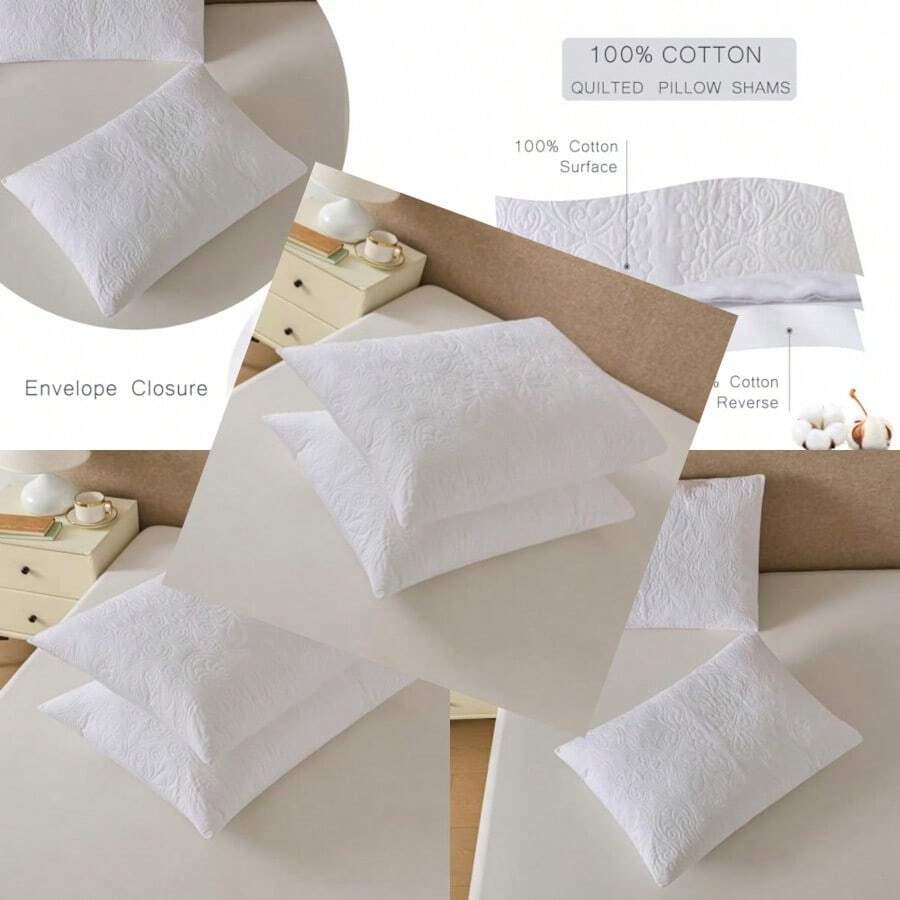 White Quilted Pillow Shams Medallion Damask Standard Set Of 2 Embroidered Vintage Pillowcases Emed Textured Cotton Pattern Bright White