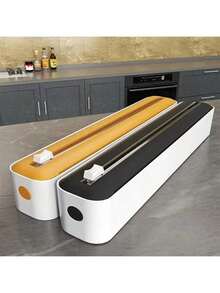 双功能保鲜膜分配器兼切割器 – 多功能厨房密封器，适用于塑料、锡箔纸、烘焙纸和蜡纸 – 可重复使用的包装机，橙色点缀 – 时尚黑白设计，厨房包装工具 | 时尚家电设计 | 耐用塑料结构 - 彩色 - 查看 3