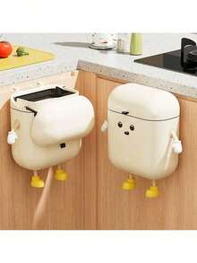 Cute Cartoon Design Wall-Mounted Kitchen Trash Can With Lid, Plastic Garbage Bin, Odor-Sealing Technology, Space-Saving Household/Bathroom Rectangular Waste Container - Multicolor - View 3