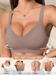 Sujetador sin costuras y sin aros con cobertura total, con forro ligero, suave y cómodo, con almohadillas extraíbles, estilo básico deportivo diario para mujer - Marrón - Ver 5