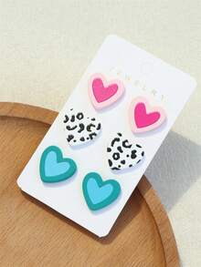 3 Pairs/Set Women's Pink Heart, Blue Heart, Leopard Print Acrylic Earrings, Romantic & Cute For Holidays, Party