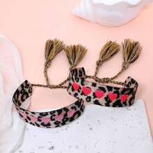 1pc Fashionable & Elegant Leopard Print Embroidered Red Heart Handmade Braided Bracelet, Suitable As Gift For Female Friends, Family, Holiday Party - Leopard - View 2