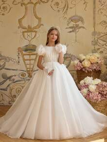 Elegant Sweetie Organza Puff-Sleeve Bow-Detail Ceremony Dress Princess Pageant Organza Gown For Party Ball Events, First Ceremony Dress, Tween Princess Ceremony Outfit, Birthday, Wedding Or Photoshoot Ensemble, Dance Performance Gown, Piano Performance Outfit, Perfect For Shows, Holiday Parties, Festive Vacations, Pageant Looks, Prom-Style Events And Special Celebrations - 白色 - 查看 2