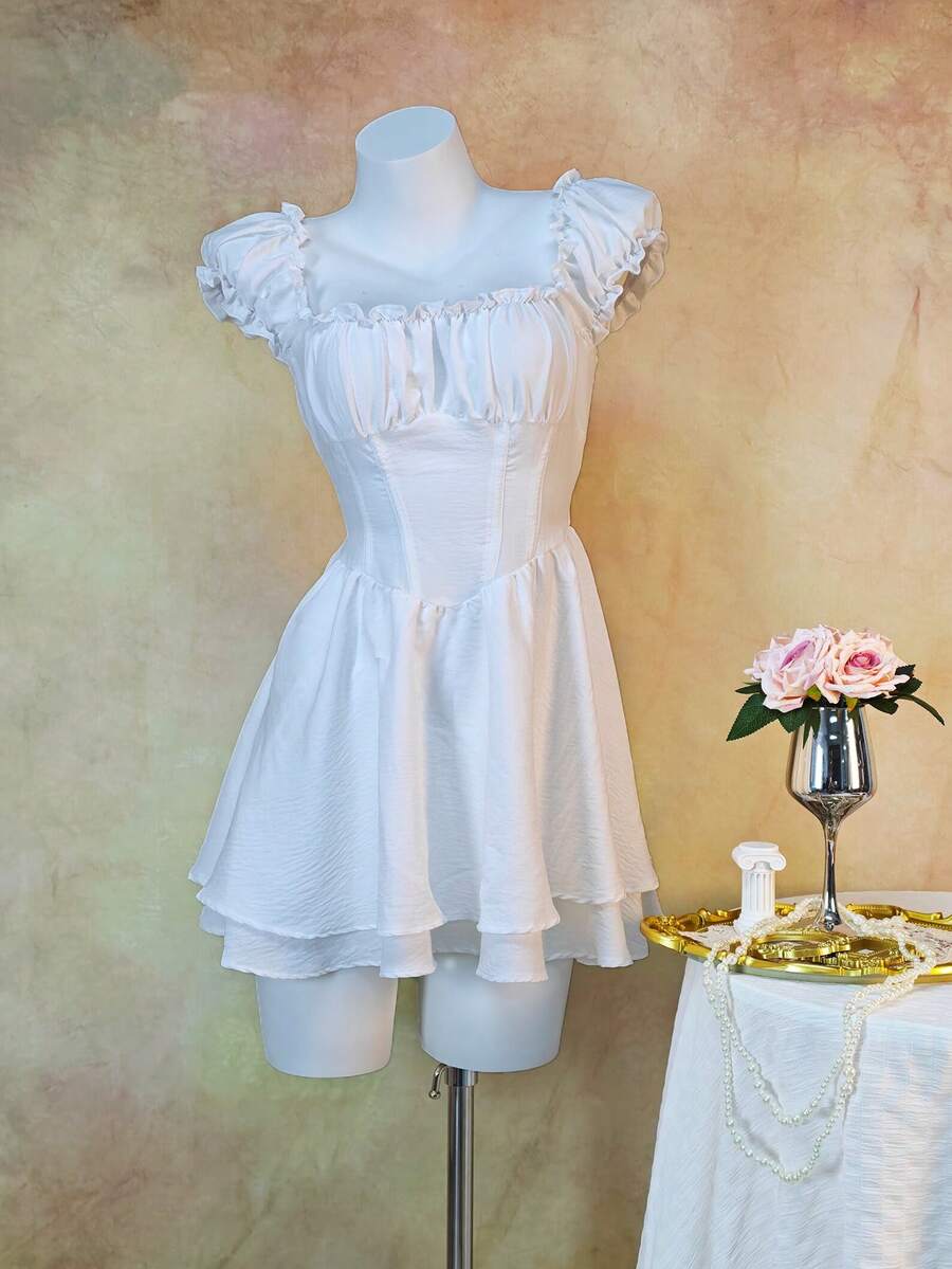 Elegant Casual Ruched Bust Vintage French Style Off-Shoulder Tiered Chiffon Dress, Suitable For Spring/Summer, Vacation, Wedding, Daily Wear, Travel, Stage Performance, Airport, Beach - White - View 1