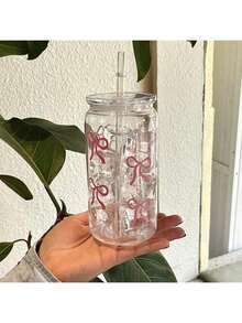 1pc 16oz Plastic Water Bottle With Bow Print, Comes With Reusable Colored Straws, Suitable For Storing Ice Cubes, Juice, Coffee, Water, Ideal Gift For Sisters And Friends. Available In Multiple Colors, Can Be Used As Car Cup, Office Coffee Cup, Daily Water Cup, And Valentine's Day Gift. - Multicolor - View 5