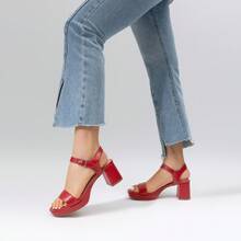 Sandalias de vestir con taco en bloque, plataforma, punta abierta y tira de tobillo para mujer, ideales para boda y fiesta - Rojo - Ver 6