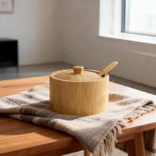 竹制盐罐配迷你勺，厨房盐盒带密封盖，圆形盐罐，可存放胡椒粉、香料、浴盐、海盐等，女士之选 - 竹木色 - 查看 10