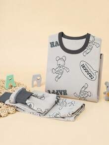 2pcs Boys Cartoon Bear Print Cotton Pajama Set, Long Sleeve Top And Pants, Sleepwear For Kids, Spring/Autumn - Grey - View 15