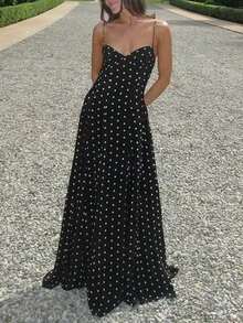 Vestido sin mangas con cuello en V y estampado de lunares para mujer - Negro - Ver 1