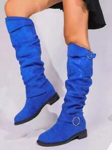 Women's Faux Suede Over-The-Knee Boots Chunky Sole Round Buckle Decor Side Zipper Versatile Casual Date Boots - 藍色 - 查看 4
