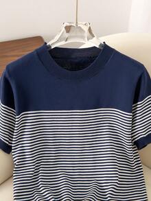 Women's Summer New Fashionable Casual Breathable Thin Striped Knit Sweater, Colorblock, Versatile For Daily And School Wear - Royal Blue - View 4