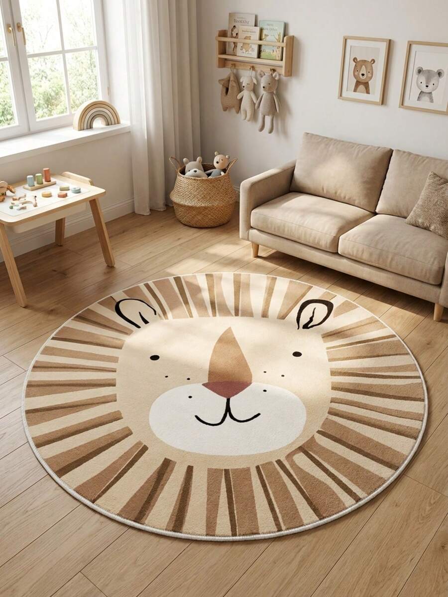 1 Peça Tapete Redondo de Lã Sintética com Estampa de Leão Cartoon, Macio e Absorvente, Capacho de Entrada, Decoração Doméstica, Decoração de Festa, Tapete de Ano Novo, Tapete Pequeno, Fofo e Minimalista, Adequado para Idosos, Jovens, Crianças, Sala de Estar, Sala de Jantar, Escritório, Quarto - Multicolorido - Visão 1