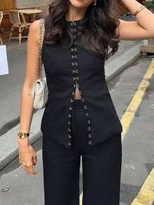 1 Set Setelan Wanita 2 Potong Warna Polos Elegan Kasual untuk Pesta dengan Kancing Depan, Cocok untuk Pakaian Kantor Musim Semi/Panas - Hitam - View 4