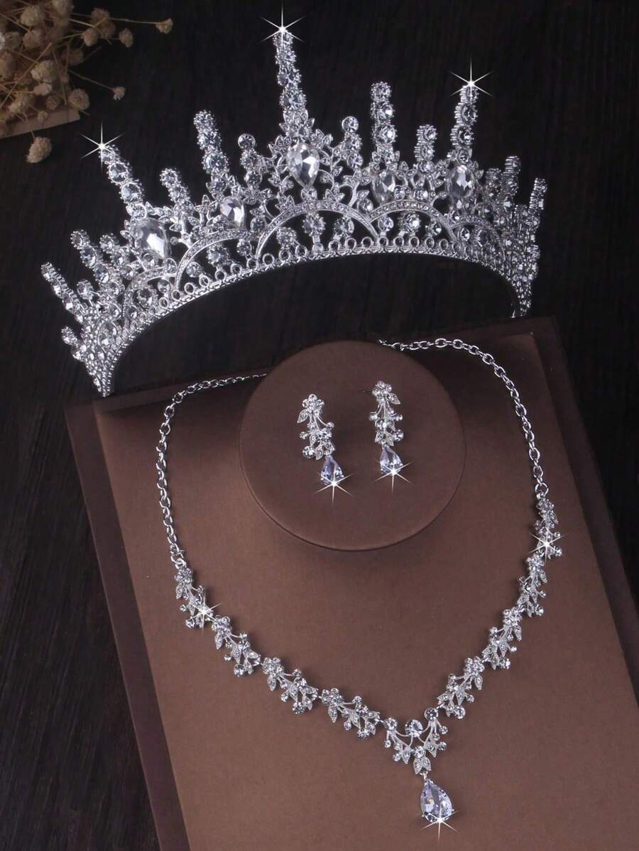1 Set Aksesori Pengantin Mewah, Termasuk Mahkota Berlian Imitasi, Kalung Berkilau, dan Anting-anting, Set Perhiasan 4 Buah untuk Gaun Pengantin, Cocok untuk Pernikahan, Pesta, Perayaan - Perak - View 1