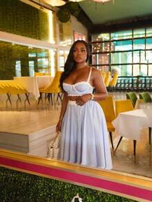 Sling Vest Lace Stitching High Waist Skirt Striped Two-Piece Set - Blue - View 2