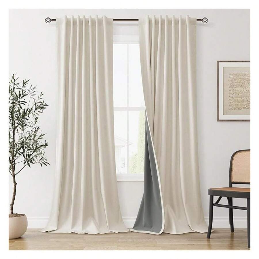 NaturalBlackout Curtains 90 Inch Long - 2 Panels Room Darkening Drapes For Bedroom/Living Room - Beige Linen Light Blocking Thermal Insulated Curtains - 如圖632 - 查看 1