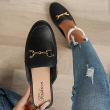 Women's Closed Toe Slip-On Sandals Flats, Fashion Small Gold Chain Hollow Casual Slippers, Anti-Slip For Outdoor Wear - Black - View 7