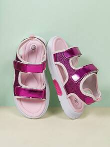 Girls Shiny Stylish Summer Hook And Loop Cute Simple Fashion Casual Sandals, Toddler Outdoor Beach Shoes, Students Breathable Lightweight Comfortable Children Sports Sandals